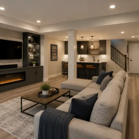 Basement finishing work in progress with framed walls and interior preparation.