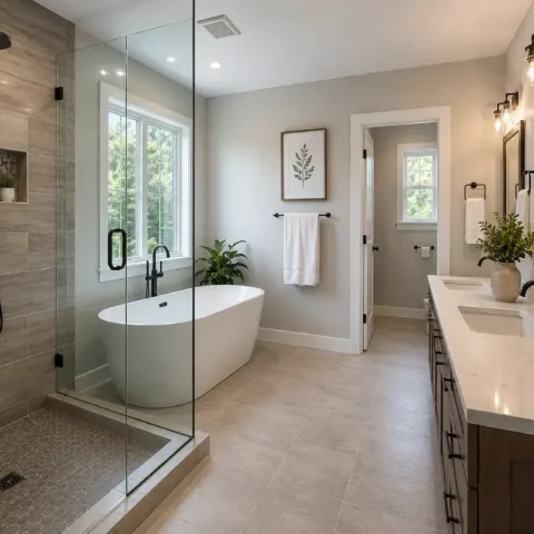 Bathroom renovation in progress with new tile, fixtures, and interior finishes.