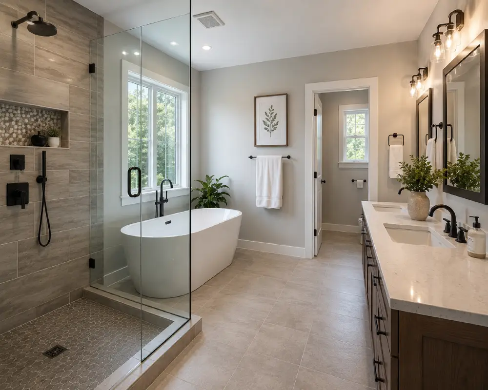 Bathroom renovation in progress with new tile, fixtures, and interior finishes.