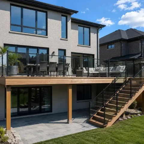 Custom wood deck built by Rouge Home Development featuring quality craftsmanship and a spacious outdoor living area.