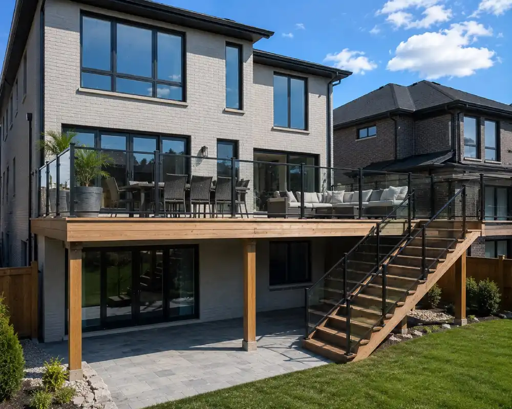 Custom wood deck built by Rouge Home Development featuring quality craftsmanship and a spacious outdoor living area.