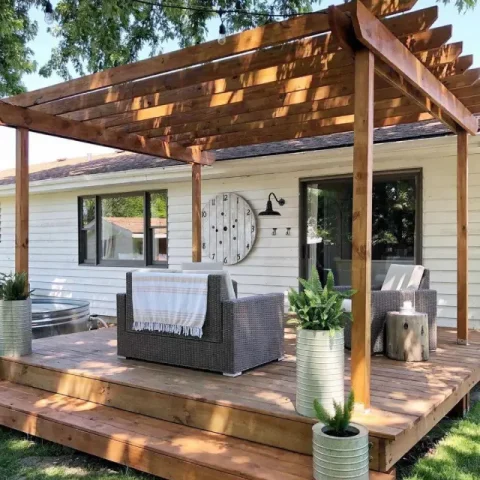 Deck and porch framing in progress for a new outdoor living space.