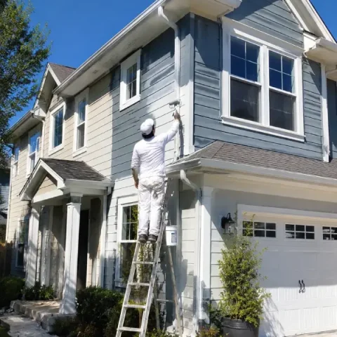 Exterior painting in progress on a residential home to refresh siding and trim with a clean new finish.