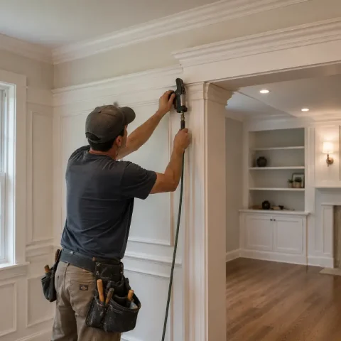 Finish carpentry details being installed to complete a residential interior.