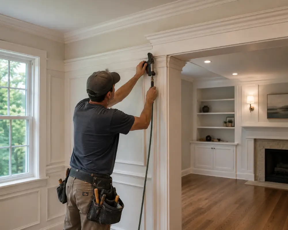 Finish carpentry details being installed to complete a residential interior.
