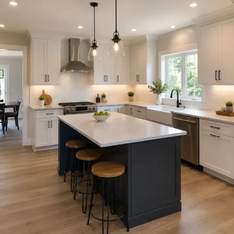 Kitchen renovation in progress with updated cabinetry and interior finishes.