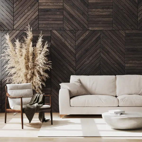Living room feature wall with wood panels and built‑in shelving