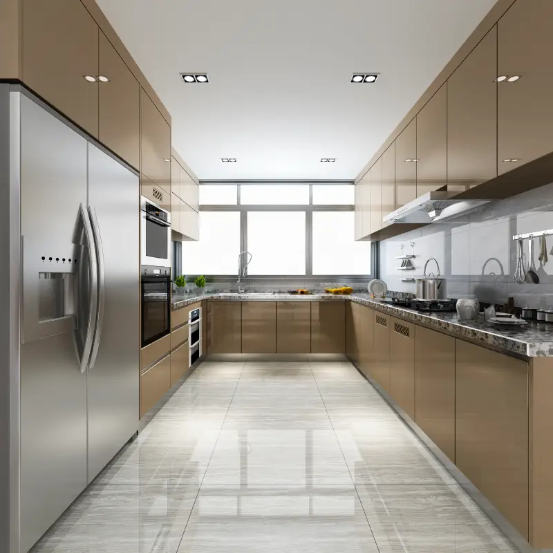 Renovated kitchen with new cabinets, stone countertops, and tile backsplash